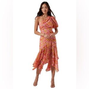 Astr One-Shoulder Floral Midi Dress - Pink and Yellow